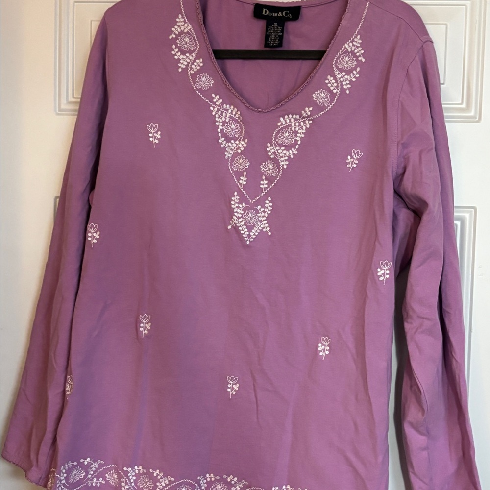 Denim&Co Lavender Long-Sleeve V-Neck Embroidered Top